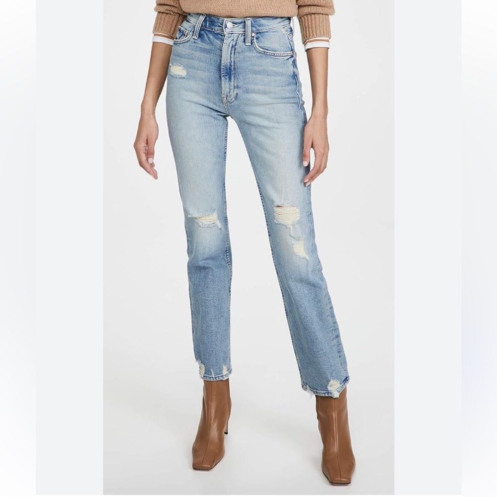 MOTHER Light Blue Straight Leg Jeans with Distressed Knees